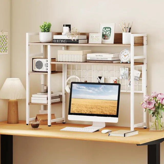 Alt view image 2 of 7 - Desktop Bookshelf for Computer Monitor Up to 32, Countertop Storage Hutch with 4 Open Storage Shelves, Grid Panel, Anti-tip Device, 4-Tier Desktop Display Shelves for Home Office (Natural)