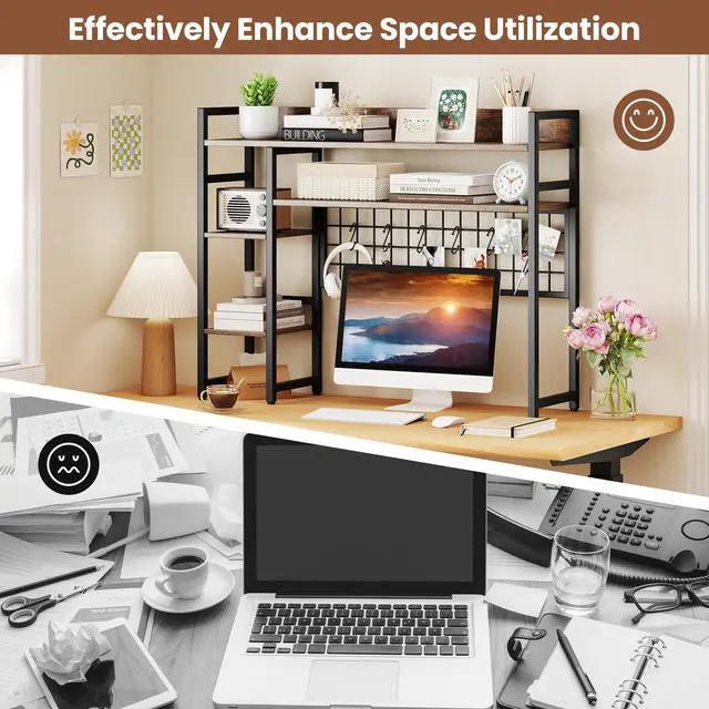 Alt view image 6 of 7 - Desktop Bookshelf for Computer Monitor Up to 32, 37" x 29" Countertop Storage Hutch with 4 Open Storage Shelves, Grid Panel, Anti-tip Device, 4-Tier Desktop Display Shelves for Home Office