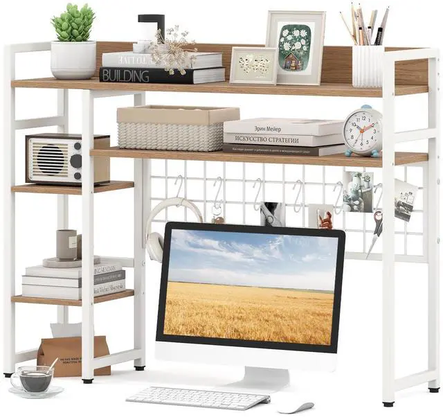 Main image of Desktop Bookshelf for Computer Monitor Up to 32, Countertop Storage Hutch with 4 Open Storage Shelves, Grid Panel, Anti-tip Device, 4-Tier Desktop Display Shelves for Home Office (Natural)