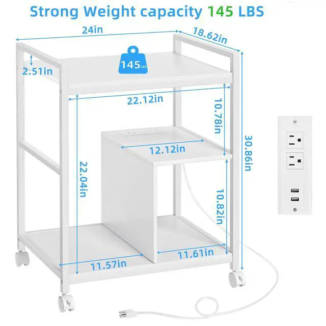 Alt view image 2 of 7 - Printer Stand with Charging Station and USB Ports, Large 3-Tier Mobile Printer Table with Storage Shelf, White Rolling Industrial Printer Cart with Lockable Wheels for Home Office