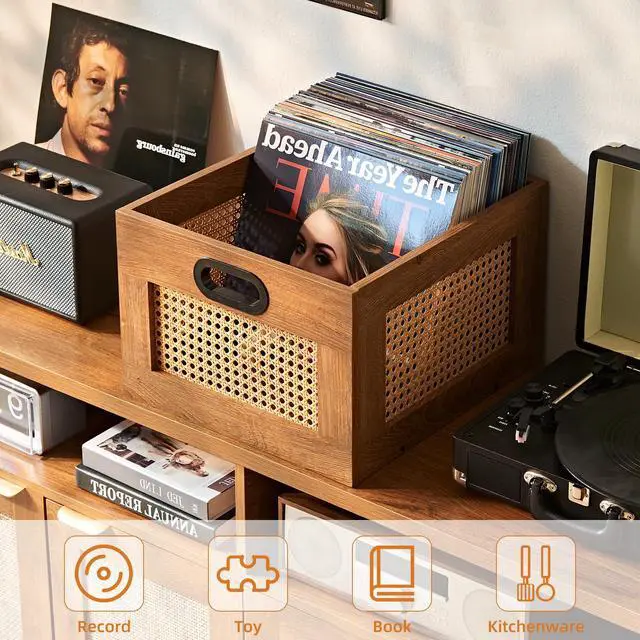 Alt view image 4 of 7 - 2 Pack Vinyl Record Storage Crates, Rattan Vinyl Record Holder with Handle, TeaC Record Crate for Vinyls Holder up to 75 LP's, Desktop Cube Album Storage for Vinyls Records