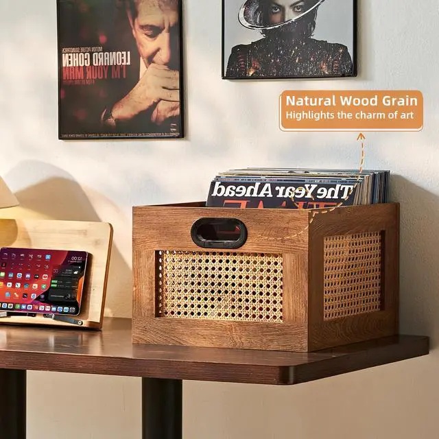 Alt view image 5 of 7 - 2 Pack Vinyl Record Storage Crates, Rattan Vinyl Record Holder with Handle, TeaC Record Crate for Vinyls Holder up to 75 LP's, Desktop Cube Album Storage for Vinyls Records