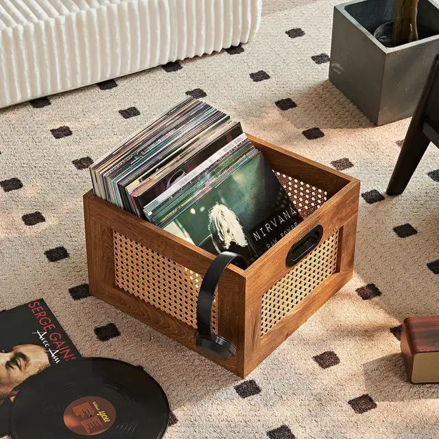Alt view image 3 of 7 - 2 Pack Vinyl Record Storage Crates, Rattan Vinyl Record Holder with Handle, TeaC Record Crate for Vinyls Holder up to 75 LP's, Desktop Cube Album Storage for Vinyls Records