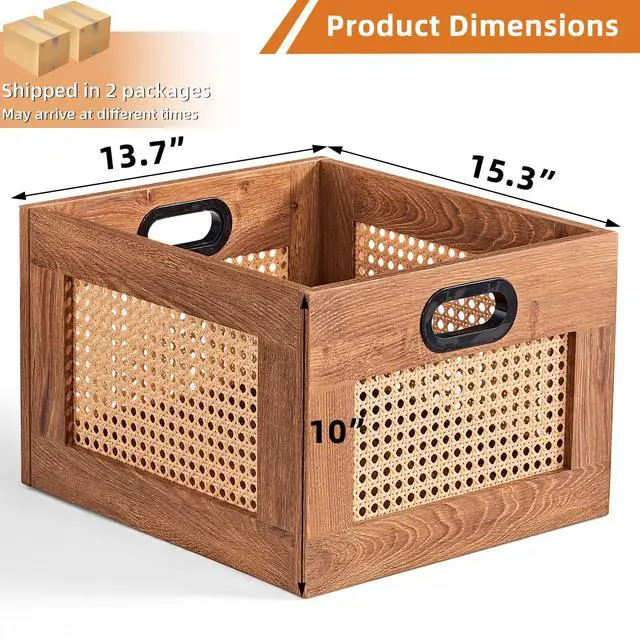 Alt view image 2 of 7 - 2 Pack Vinyl Record Storage Crates, Rattan Vinyl Record Holder with Handle, TeaC Record Crate for Vinyls Holder up to 75 LP's, Desktop Cube Album Storage for Vinyls Records