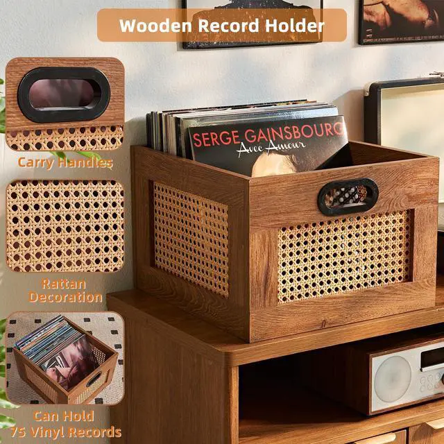 Alt view image 6 of 7 - 2 Pack Vinyl Record Storage Crates, Rattan Vinyl Record Holder with Handle, TeaC Record Crate for Vinyls Holder up to 75 LP's, Desktop Cube Album Storage for Vinyls Records