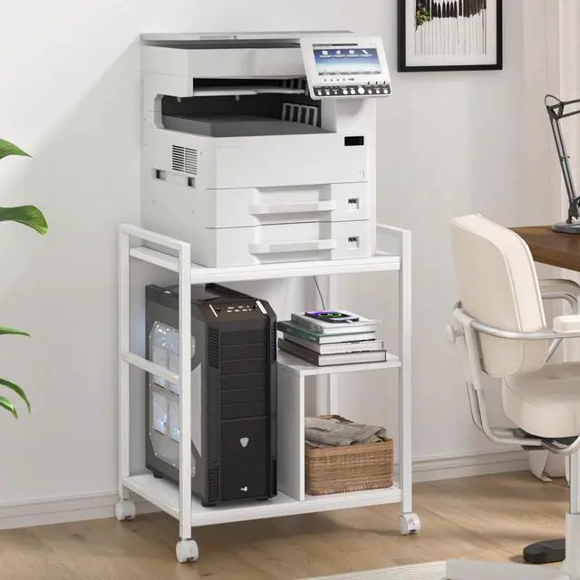 Alt view image 7 of 7 - Printer Stand with Charging Station and USB Ports, Large 3-Tier Mobile Printer Table with Storage Shelf, White Rolling Industrial Printer Cart with Lockable Wheels for Home Office