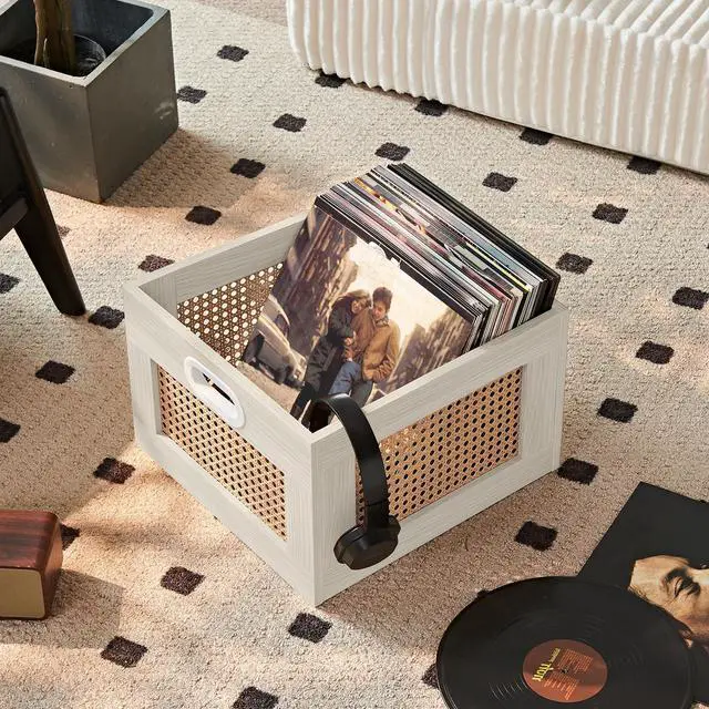 Alt view image 3 of 7 - 2 Pack Vinyl Record Storage Crates, Rattan Vinyl Record Holder with Handle, Grey Natural Wood Record Crate for Vinyls Holder up to 75 LP's, Desktop Cube Album Storage for Vinyls Records