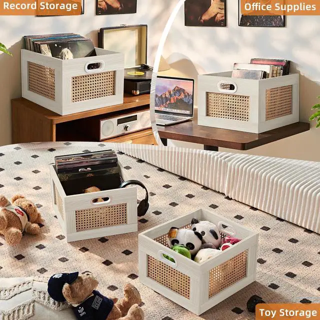 Alt view image 7 of 7 - 2 Pack Vinyl Record Storage Crates, Rattan Vinyl Record Holder with Handle, Grey Natural Wood Record Crate for Vinyls Holder up to 75 LP's, Desktop Cube Album Storage for Vinyls Records