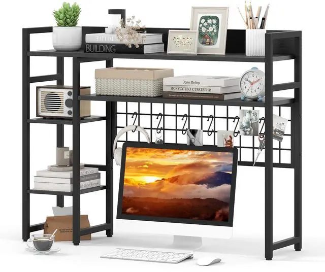 Main image of Desktop Bookshelf for Computer 32 Monitor, 37" Countertop Storage Hutch with 4 Open Storage Shelves, Grid Panel, Anti-tip Device, 4-Tier Desktop Display Shelves for Home Office