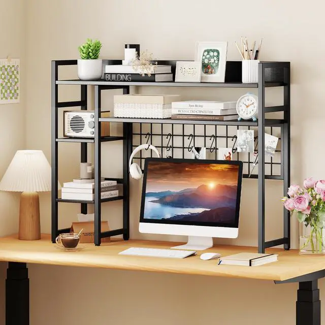 Alt view image 2 of 7 - Desktop Bookshelf for Computer 32 Monitor, 37" Countertop Storage Hutch with 4 Open Storage Shelves, Grid Panel, Anti-tip Device, 4-Tier Desktop Display Shelves for Home Office