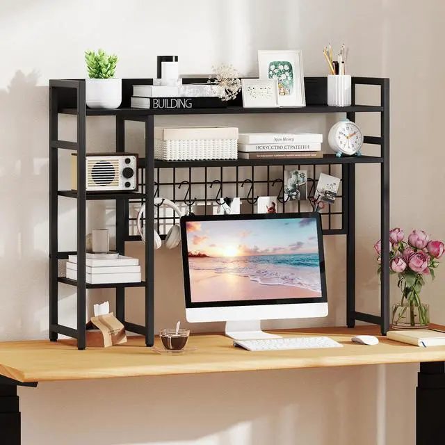 Alt view image 4 of 7 - Desktop Bookshelf for Computer 32 Monitor, 37" Countertop Storage Hutch with 4 Open Storage Shelves, Grid Panel, Anti-tip Device, 4-Tier Desktop Display Shelves for Home Office