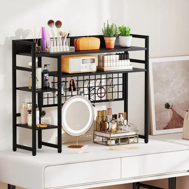 Alt view image 5 of 7 - Desktop Bookshelf for Computer 32 Monitor, 37" Countertop Storage Hutch with 4 Open Storage Shelves, Grid Panel, Anti-tip Device, 4-Tier Desktop Display Shelves for Home Office