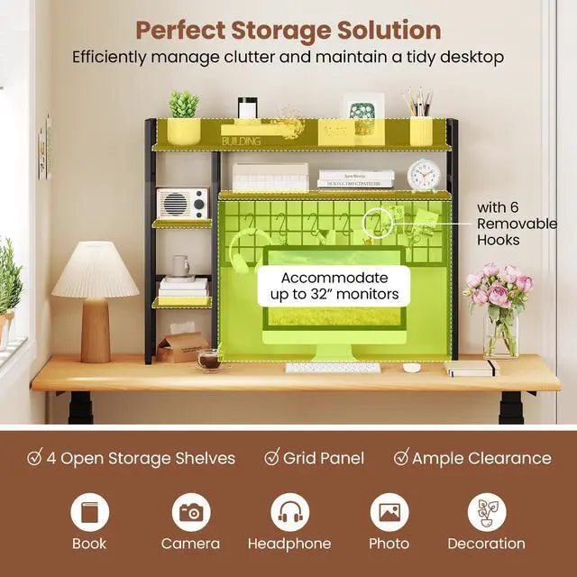 Alt view image 7 of 7 - Desktop Bookshelf for Computer 32 Monitor, 37" Countertop Storage Hutch with 4 Open Storage Shelves, Grid Panel, Anti-tip Device, 4-Tier Desktop Display Shelves for Home Office