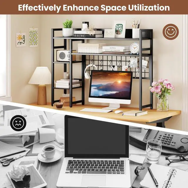 Alt view image 6 of 7 - Desktop Bookshelf for Computer 32 Monitor, 37" Countertop Storage Hutch with 4 Open Storage Shelves, Grid Panel, Anti-tip Device, 4-Tier Desktop Display Shelves for Home Office