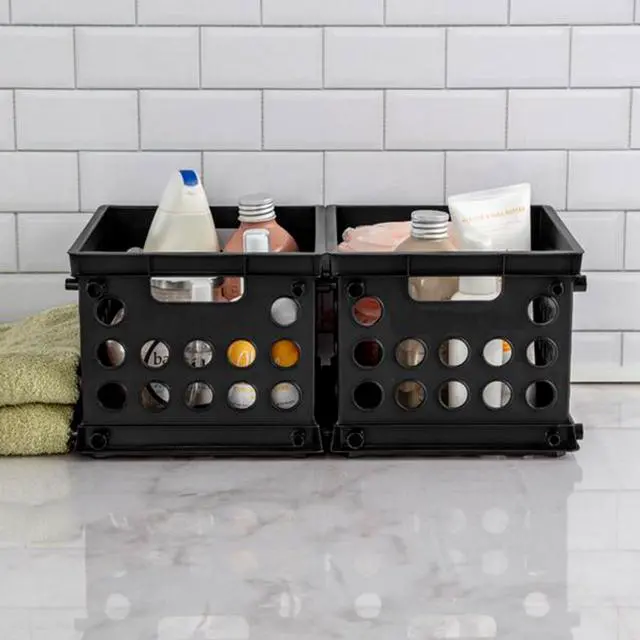 Alt view image 7 of 7 - Mini Crate, Stackable Plastic Storage Bin with Handles, Organize Home, Garage, Office, School, Dorm Room, Black, 24-Pack