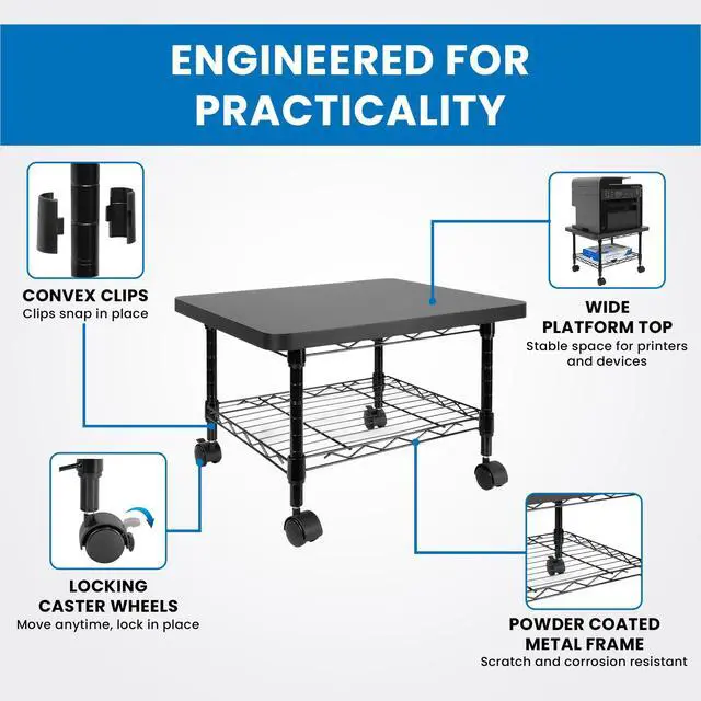 Alt view image 3 of 7 - Under Desk Printer Stand with Wheels | Mobile Printer and Fax Cart with Storage Shelf for Office and Home Use, 2 Tiers (Black)