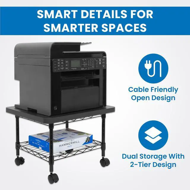Alt view image 5 of 7 - Under Desk Printer Stand with Wheels | Mobile Printer and Fax Cart with Storage Shelf for Office and Home Use, 2 Tiers (Black)