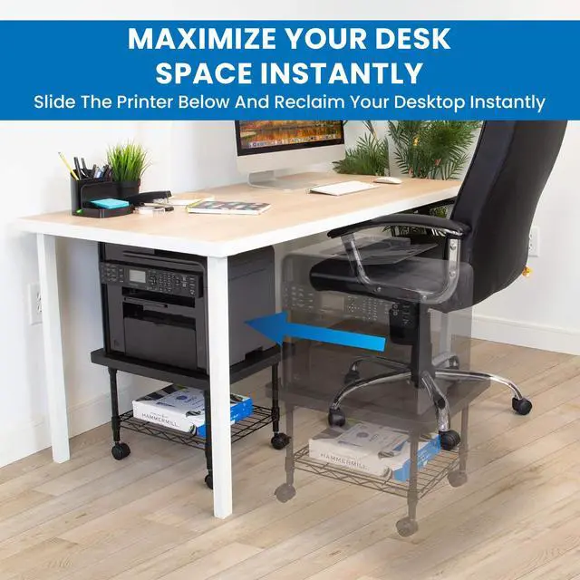 Alt view image 4 of 7 - Under Desk Printer Stand with Wheels | Mobile Printer and Fax Cart with Storage Shelf for Office and Home Use, 2 Tiers (Black)