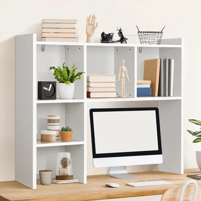 Main image of White Desk Hutch, Dorm Organizers and Storage, Desktop Bookshelf with 5 Shelves, 3-Tier Wooden Desktop Organizer, Computer Desk with Hutch for Office Dorm Home