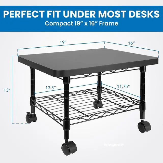 Alt view image 6 of 7 - Under Desk Printer Stand with Wheels | Mobile Printer and Fax Cart with Storage Shelf for Office and Home Use, 2 Tiers (Black)
