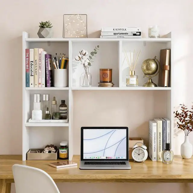 Alt view image 3 of 7 - White Desk Hutch, Dorm Organizers and Storage, Desktop Bookshelf with 5 Shelves, 3-Tier Wooden Desktop Organizer, Computer Desk with Hutch for Office Dorm Home