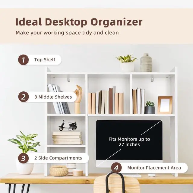 Alt view image 4 of 7 - White Desk Hutch, Dorm Organizers and Storage, Desktop Bookshelf with 5 Shelves, 3-Tier Wooden Desktop Organizer, Computer Desk with Hutch for Office Dorm Home