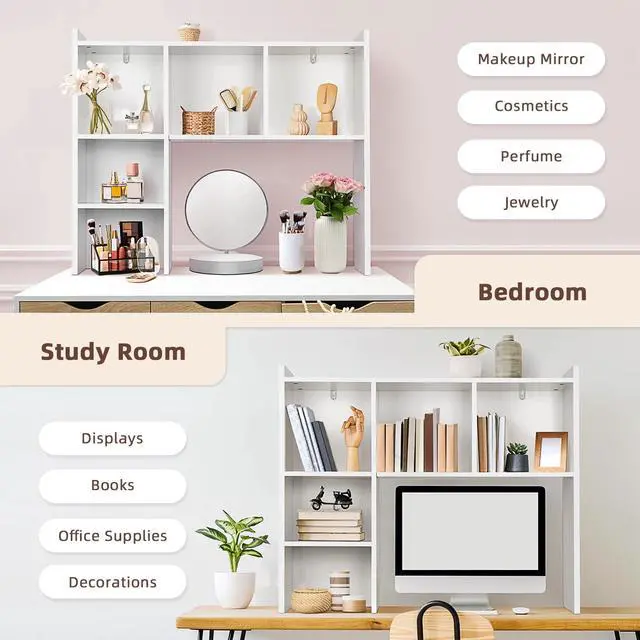 Alt view image 7 of 7 - White Desk Hutch, Dorm Organizers and Storage, Desktop Bookshelf with 5 Shelves, 3-Tier Wooden Desktop Organizer, Computer Desk with Hutch for Office Dorm Home