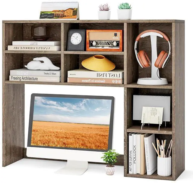 Main image of Wooden Desktop Bookshelf, Countertop Desk Hutch w/ 7 Cubes & Adjustable Shelves, Anti-toppling Kits, Table Top Organizer Shelf Fits Monitors up to 27 for Dorm, Office, Study (Grey Oak)