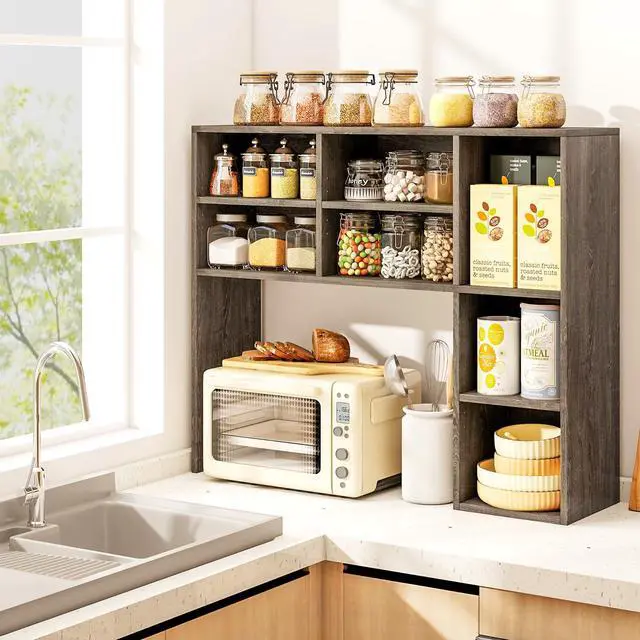 Alt view image 4 of 7 - Wooden Desktop Bookshelf, Countertop Desk Hutch w/ 7 Cubes & Adjustable Shelves, Anti-toppling Kits, Table Top Organizer Shelf Fits Monitors up to 27 for Dorm, Office, Study (Grey Oak)
