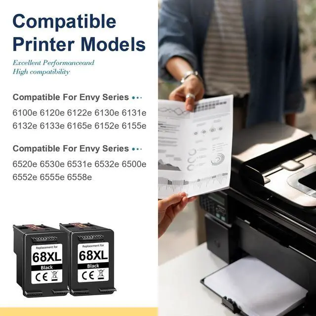 Alt view image 2 of 7 - 68XL Black Ink Cartridge High Yield Compatible for HP 68 Black Ink Cartridge for HP 68 Ink Cartridges Compatible for 6155e 6555e 6100e 6165e 6500e 6152e 6552e 6558e Printer (2 Black, 2 Pack)