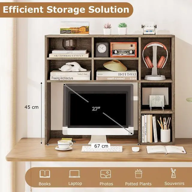 Alt view image 3 of 7 - Wooden Desktop Bookshelf, Countertop Desk Hutch w/ 7 Cubes & Adjustable Shelves, Anti-toppling Kits, Table Top Organizer Shelf Fits Monitors up to 27 for Dorm, Office, Study (Grey Oak)