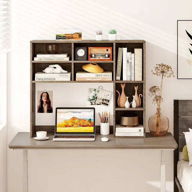 Alt view image 2 of 7 - Wooden Desktop Bookshelf, Countertop Desk Hutch w/ 7 Cubes & Adjustable Shelves, Anti-toppling Kits, Table Top Organizer Shelf Fits Monitors up to 27 for Dorm, Office, Study (Grey Oak)