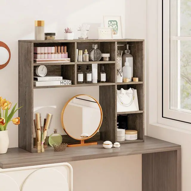 Alt view image 5 of 7 - Wooden Desktop Bookshelf, Countertop Desk Hutch w/ 7 Cubes & Adjustable Shelves, Anti-toppling Kits, Table Top Organizer Shelf Fits Monitors up to 27 for Dorm, Office, Study (Grey Oak)