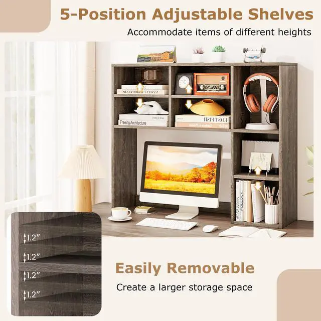 Alt view image 6 of 7 - Wooden Desktop Bookshelf, Countertop Desk Hutch w/ 7 Cubes & Adjustable Shelves, Anti-toppling Kits, Table Top Organizer Shelf Fits Monitors up to 27 for Dorm, Office, Study (Grey Oak)