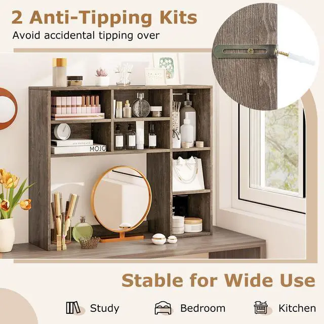 Alt view image 7 of 7 - Wooden Desktop Bookshelf, Countertop Desk Hutch w/ 7 Cubes & Adjustable Shelves, Anti-toppling Kits, Table Top Organizer Shelf Fits Monitors up to 27 for Dorm, Office, Study (Grey Oak)