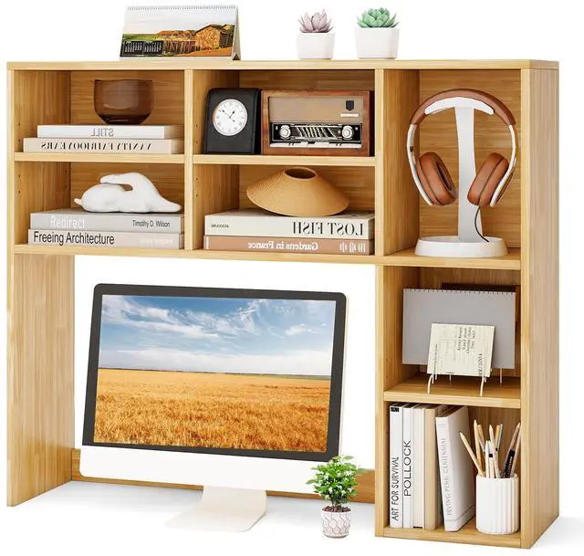 Main image of Wooden Desktop Bookshelf, Countertop Desk Hutch w/ 7 Cubes & Adjustable Shelves, Anti-toppling Kits, Table Top Organizer Shelf Fits Monitors up to 27 for Dorm, Office, Study (Burlywood)