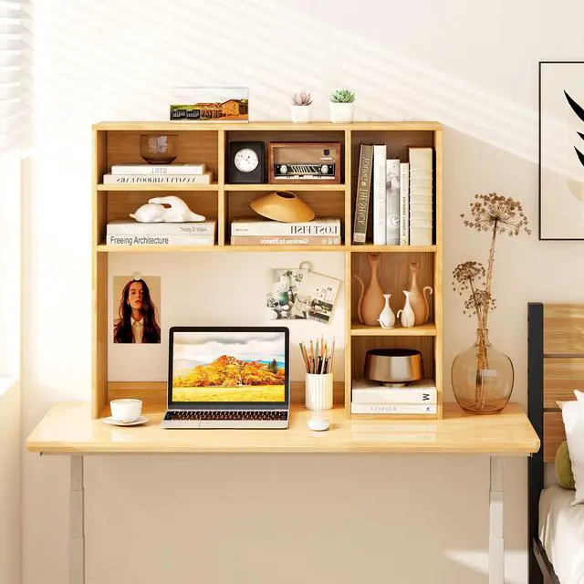 Alt view image 2 of 7 - Wooden Desktop Bookshelf, Countertop Desk Hutch w/ 7 Cubes & Adjustable Shelves, Anti-toppling Kits, Table Top Organizer Shelf Fits Monitors up to 27 for Dorm, Office, Study (Burlywood)