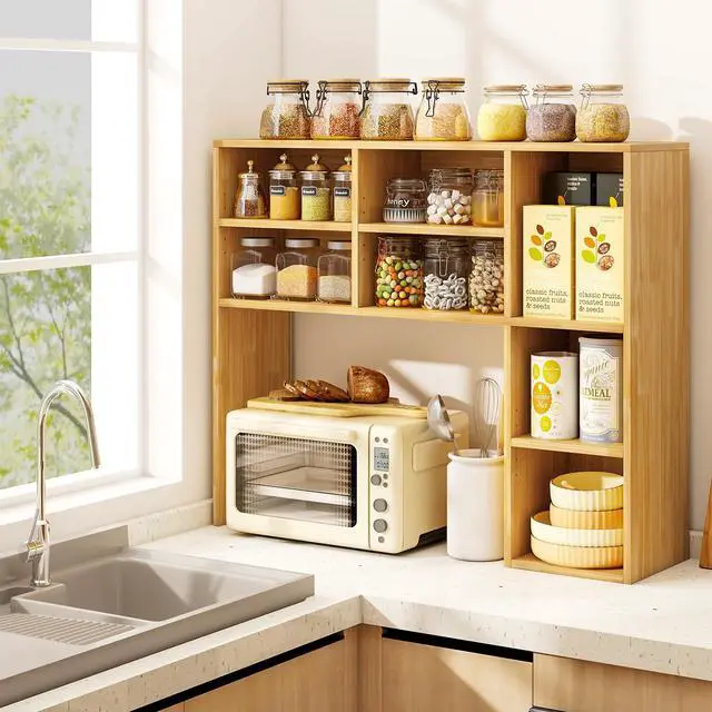 Alt view image 4 of 7 - Wooden Desktop Bookshelf, Countertop Desk Hutch w/ 7 Cubes & Adjustable Shelves, Anti-toppling Kits, Table Top Organizer Shelf Fits Monitors up to 27 for Dorm, Office, Study (Burlywood)