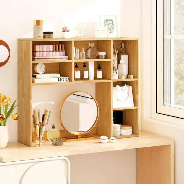 Alt view image 5 of 7 - Wooden Desktop Bookshelf, Countertop Desk Hutch w/ 7 Cubes & Adjustable Shelves, Anti-toppling Kits, Table Top Organizer Shelf Fits Monitors up to 27 for Dorm, Office, Study (Burlywood)