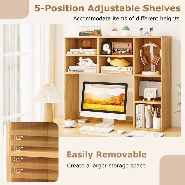 Alt view image 6 of 7 - Wooden Desktop Bookshelf, Countertop Desk Hutch w/ 7 Cubes & Adjustable Shelves, Anti-toppling Kits, Table Top Organizer Shelf Fits Monitors up to 27 for Dorm, Office, Study (Burlywood)