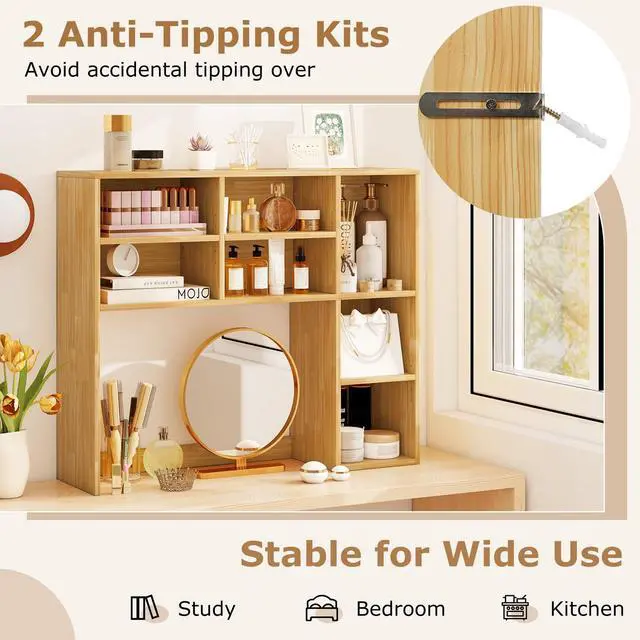 Alt view image 7 of 7 - Wooden Desktop Bookshelf, Countertop Desk Hutch w/ 7 Cubes & Adjustable Shelves, Anti-toppling Kits, Table Top Organizer Shelf Fits Monitors up to 27 for Dorm, Office, Study (Burlywood)