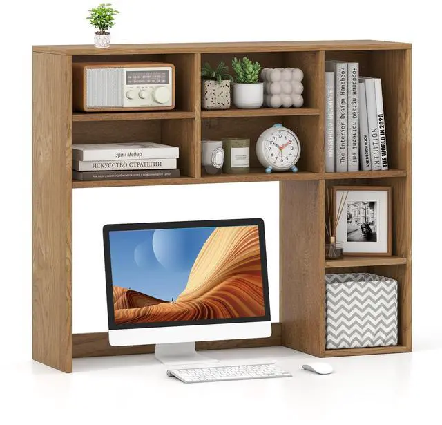 Main image of Wooden Desktop Bookshelf, Countertop Desk Hutch w/ 7 Cubes & Adjustable Shelves, Anti-toppling Kits, Table Top Organizer Shelf Fits Monitors up to 27 for Dorm, Office, Study (Natural)