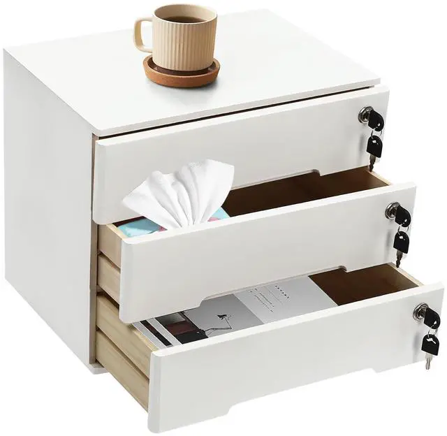 Main image of Desk Organizer with 3 Drawers, Wooden Desktop Storage Cabinet File Holder with Locks and Keys, Storage Organizer Filing Case for Office Bedroom Home, L15.8*W11*H12.2in, White