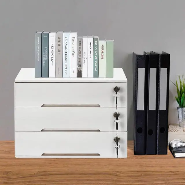 Alt view image 6 of 7 - Desk Organizer with 3 Drawers, Wooden Desktop Storage Cabinet File Holder with Locks and Keys, Storage Organizer Filing Case for Office Bedroom Home, L15.8*W11*H12.2in, White