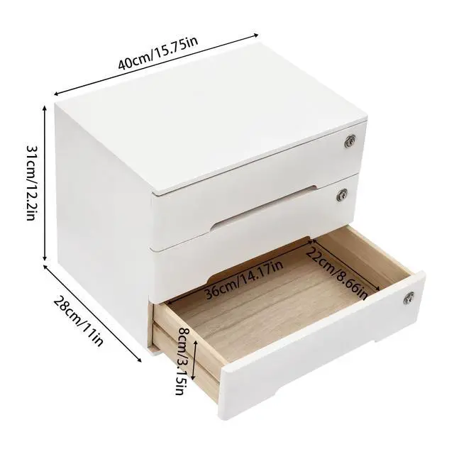 Alt view image 3 of 7 - Desk Organizer with 3 Drawers, Wooden Desktop Storage Cabinet File Holder with Locks and Keys, Storage Organizer Filing Case for Office Bedroom Home, L15.8*W11*H12.2in, White