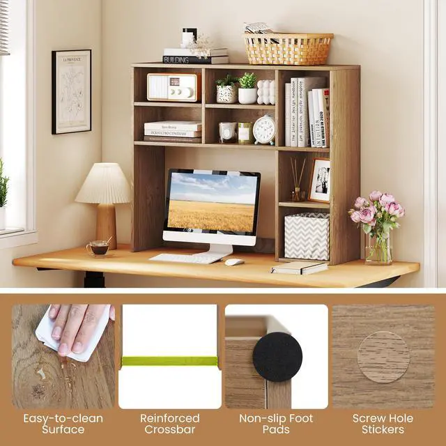 Alt view image 5 of 7 - Wooden Desktop Bookshelf, Countertop Desk Hutch w/ 7 Cubes & Adjustable Shelves, Anti-toppling Kits, Table Top Organizer Shelf Fits Monitors up to 27 for Dorm, Office, Study (Natural)