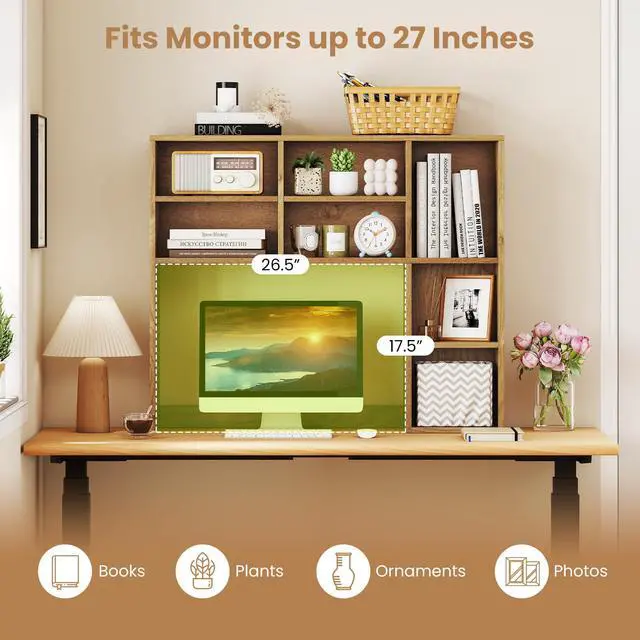 Alt view image 6 of 7 - Wooden Desktop Bookshelf, Countertop Desk Hutch w/ 7 Cubes & Adjustable Shelves, Anti-toppling Kits, Table Top Organizer Shelf Fits Monitors up to 27 for Dorm, Office, Study (Natural)