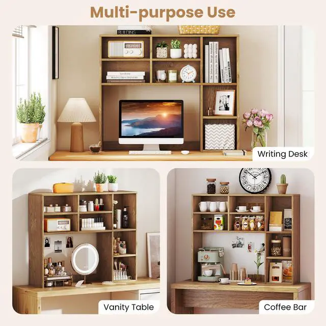Alt view image 4 of 7 - Wooden Desktop Bookshelf, Countertop Desk Hutch w/ 7 Cubes & Adjustable Shelves, Anti-toppling Kits, Table Top Organizer Shelf Fits Monitors up to 27 for Dorm, Office, Study (Natural)