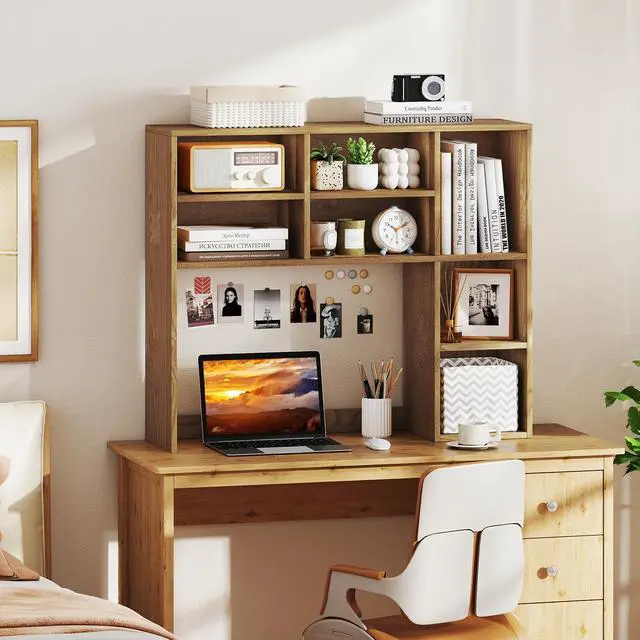 Alt view image 2 of 7 - Wooden Desktop Bookshelf, Countertop Desk Hutch w/ 7 Cubes & Adjustable Shelves, Anti-toppling Kits, Table Top Organizer Shelf Fits Monitors up to 27 for Dorm, Office, Study (Natural)