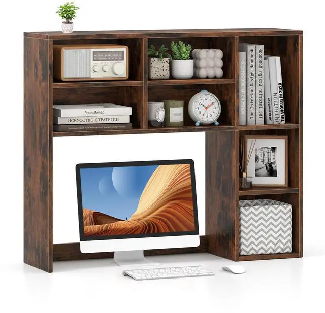 Main image of Wooden Desktop Bookshelf, Countertop Desk Hutch w/ 7 Cubes & Adjustable Shelves, Anti-toppling Kits, Table Top Organizer Shelf Fits Monitors up to 27 for Dorm, Office, Study (Rustic Brown)
